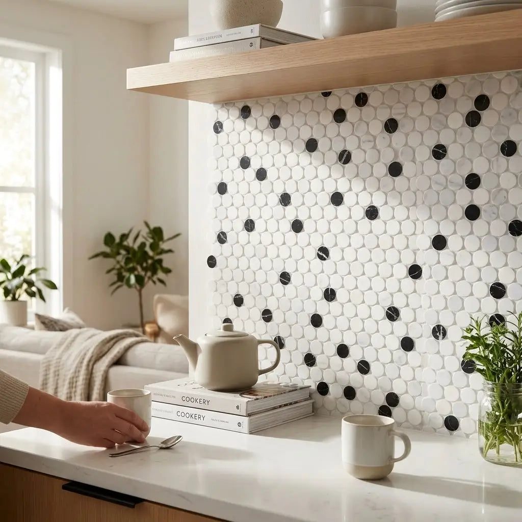 A minimalist white ceramic teapot with a matte finish on stacked cookbooks beside oriental white asian statuary penny-round marble mosaic