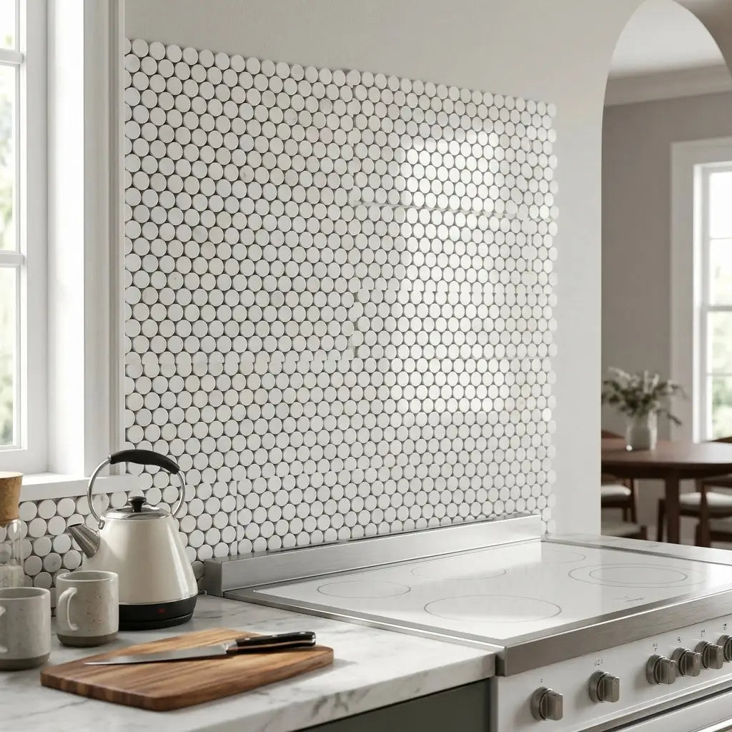 Oriental white asian statuary penny-round marble mosaic polished white hexagonal tile backsplash with metallic sheen