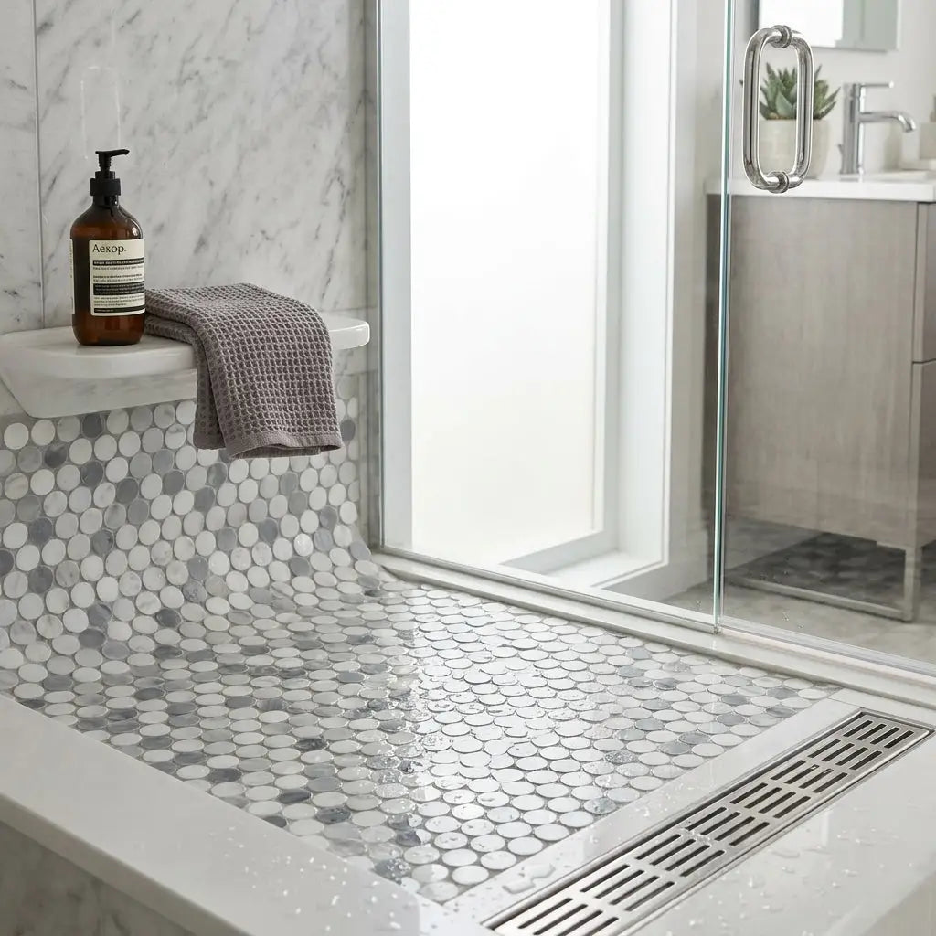 A sleek modern shower floor with glossy white and gray oriental white marble penny-round mosaic tiles