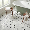 White and black penny round marble mosaic tile floor featuring oriental white, asian statuary, and thassos stone polished finish