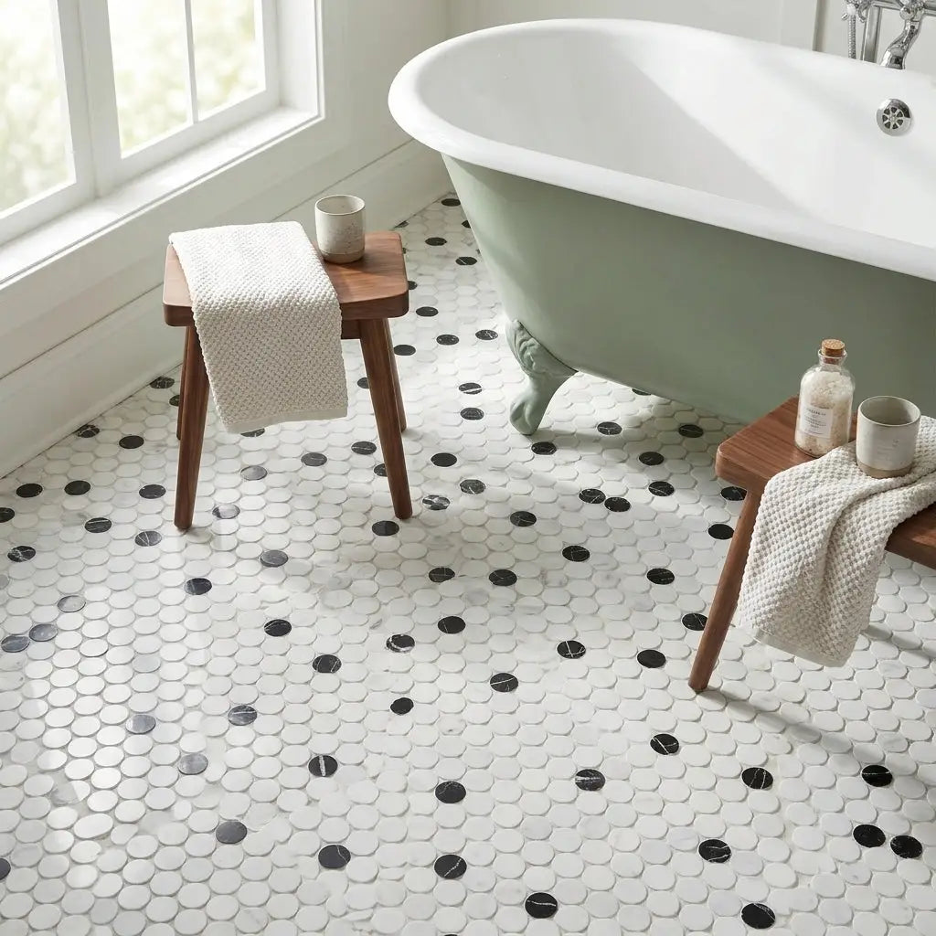 White and black penny round marble mosaic tile floor featuring oriental white, asian statuary, and thassos stone polished finish