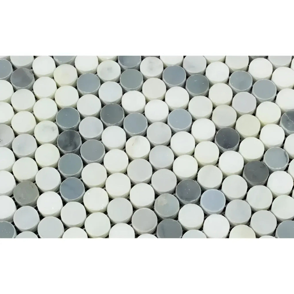 Round mosaic tile pattern in Oriental White Asian Statuary marble polished finish