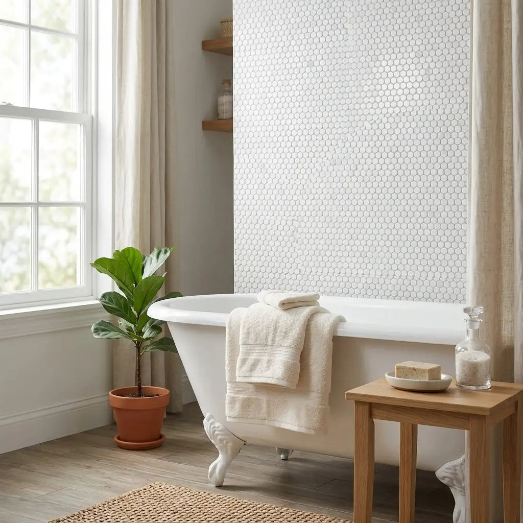 White clawfoot bathtub with cream-colored towels beside oriental white asian statuary penny-round marble mosaic tiles