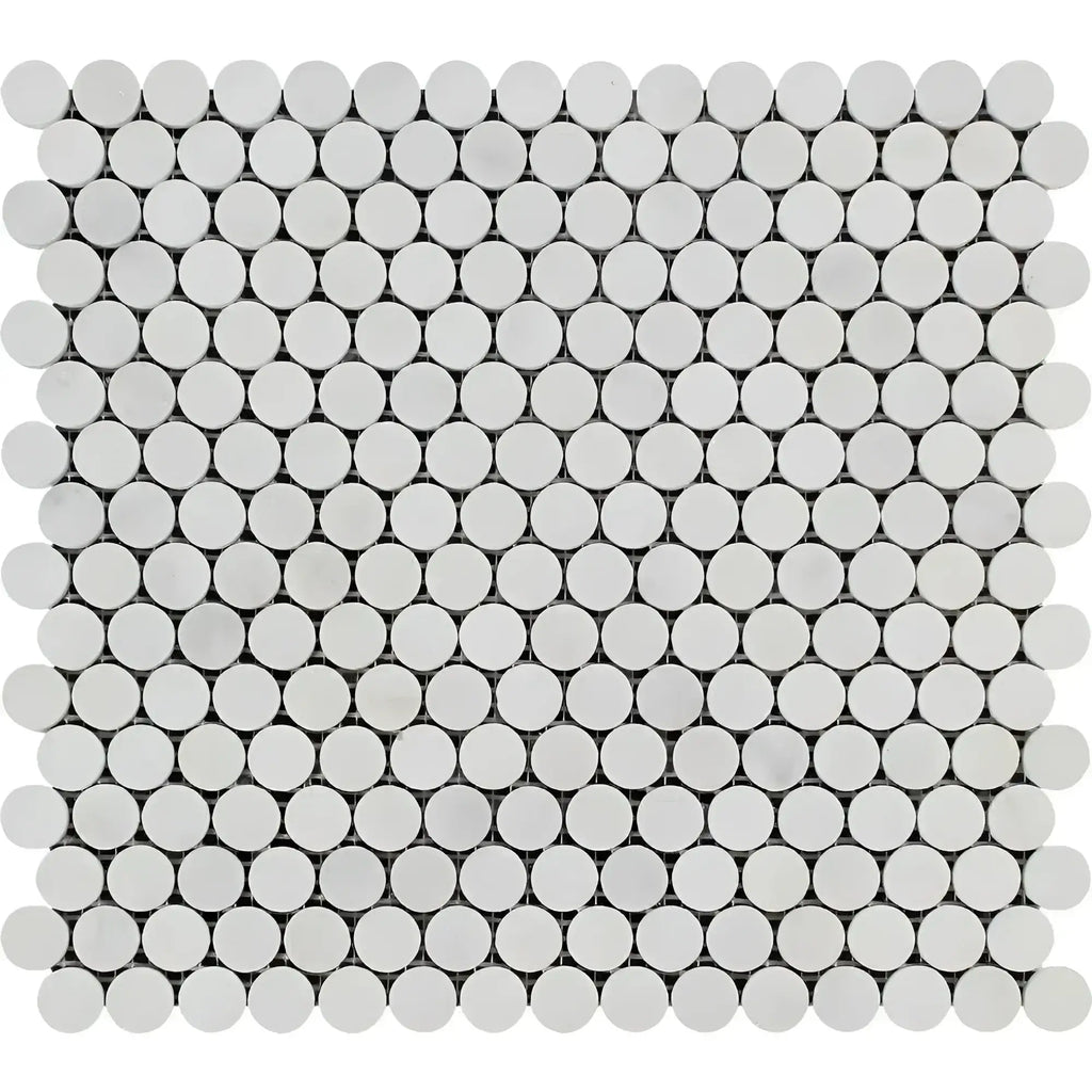 White penny tile sheet from Oriental White Marble Mosaic collection for elegant interiors