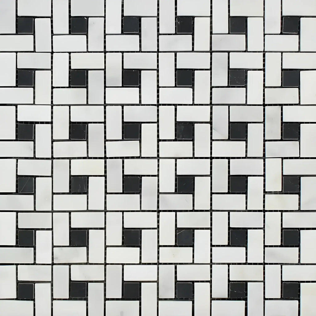 Black and white geometric tile pattern in Oriental White Asian Statuary Pinwheel Mosaic