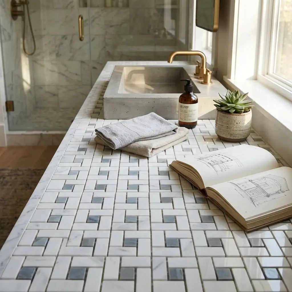 Oriental white asian statuary pinwheel mosaic polished marble countertop with white and gray woven pattern tiles