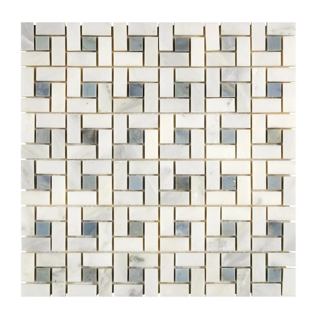 Mosaic tile pattern of Oriental White and Asian Statuary Pinwheel Marble with Blue-Gray