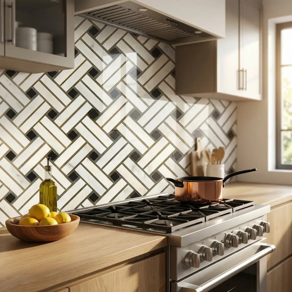 Stainless steel gas range with copper pot on oriental white asian statuary stanza marble mosaic polished surface