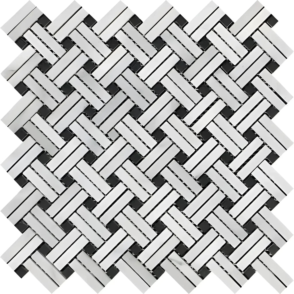 Herringbone mosaic tile pattern in Oriental White Asian Statuary Stanza Marble