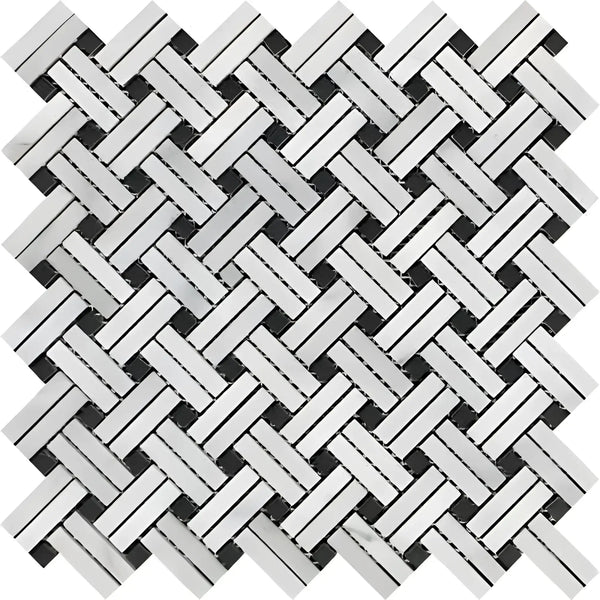 Herringbone mosaic tile pattern in Oriental White Asian Statuary Stanza Marble