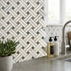 Oriental white asian statuary stanza marble mosaic tile with polished white marble herringbone and blue gray square accents