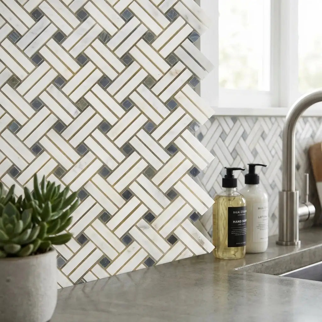 Oriental white asian statuary stanza marble mosaic tile with polished white marble herringbone and blue gray square accents