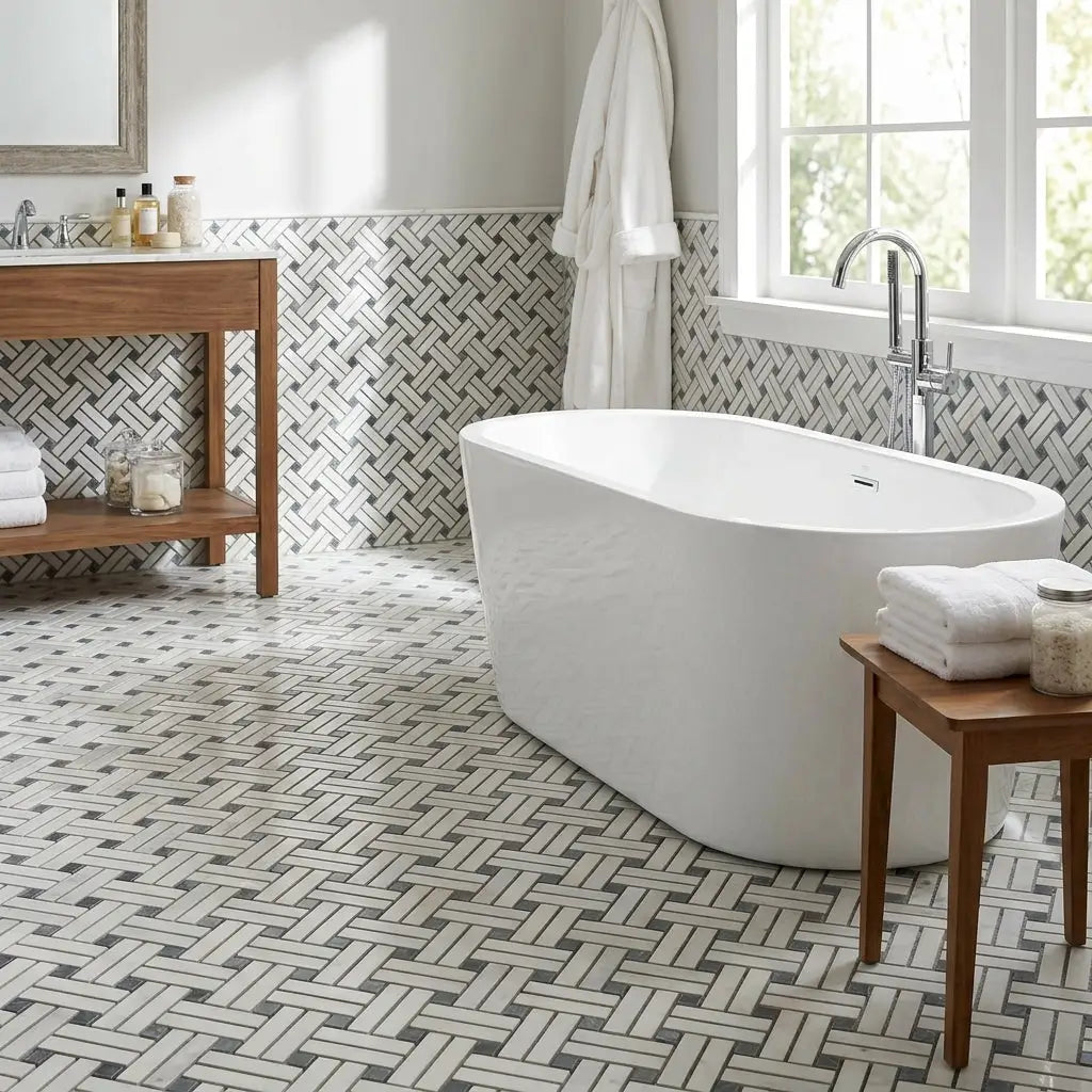 White freestanding bathtub with sleek modern design featuring oriental white asian statuary stanza mosaic marble tiles