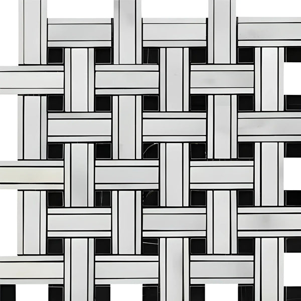 Woven black and white tile pattern of Oriental White Asian Statuary marble mosaic