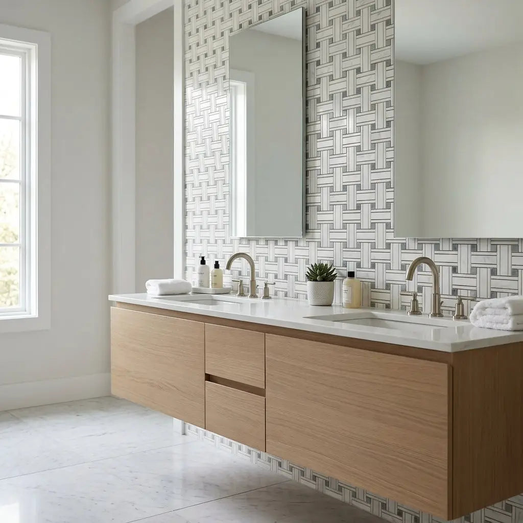 Modern floating vanity with light wood finish and integrated sinks featuring oriental white asian statuary marble mosaic