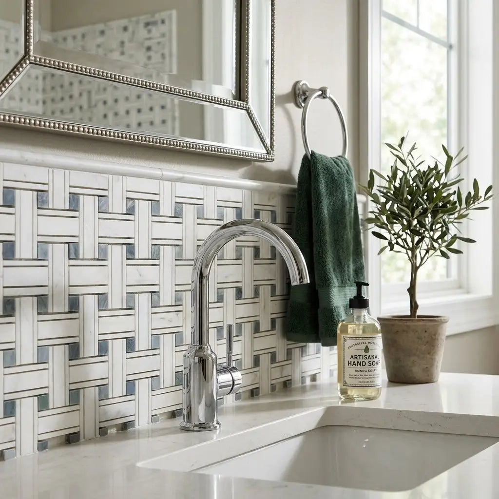 Chrome-finished kitchen faucet with sleek curved spout paired with oriental white asian statuary marble mosaic surface