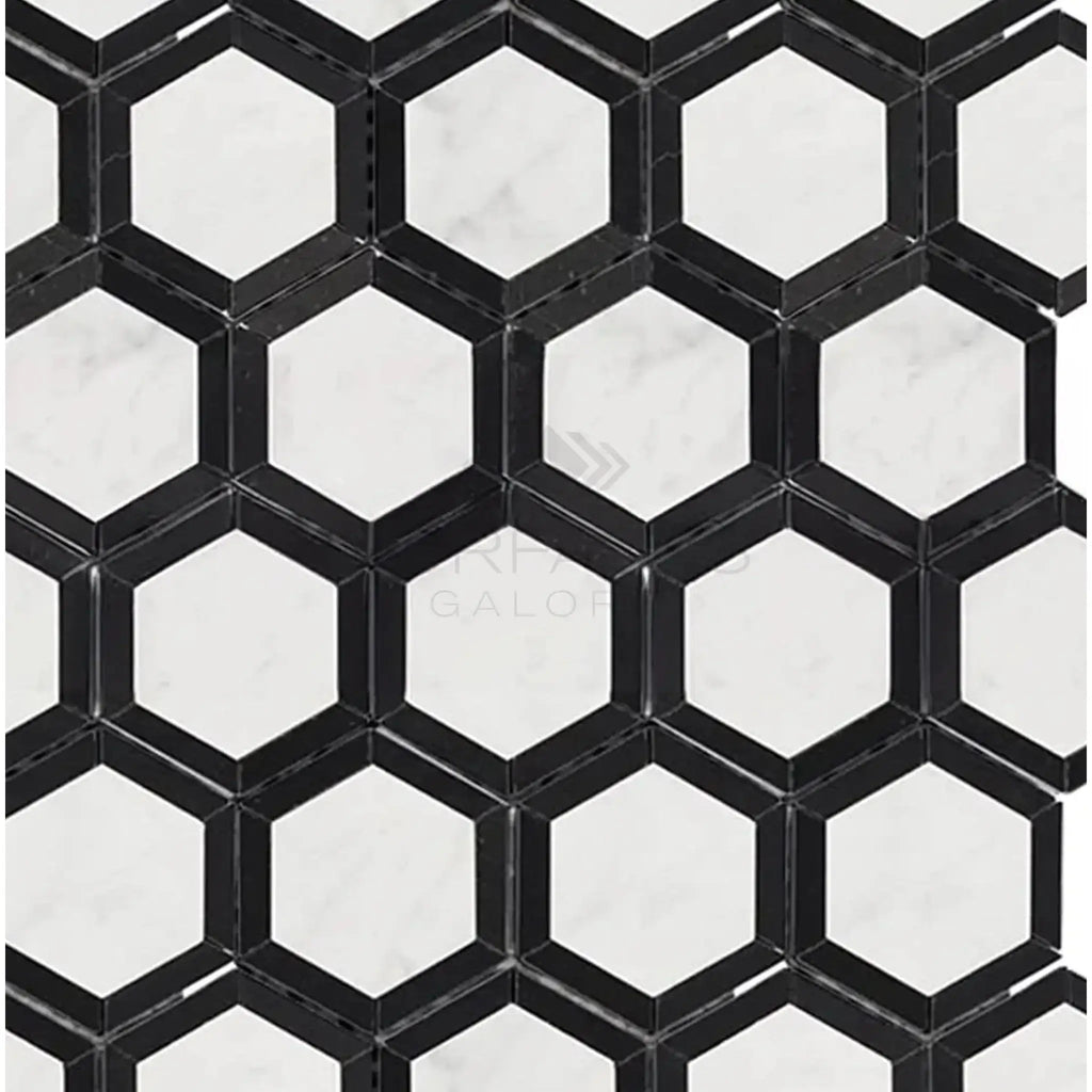 Black and white hexagonal tile pattern from Oriental White/Asian Statuary Vortex Mosaic
