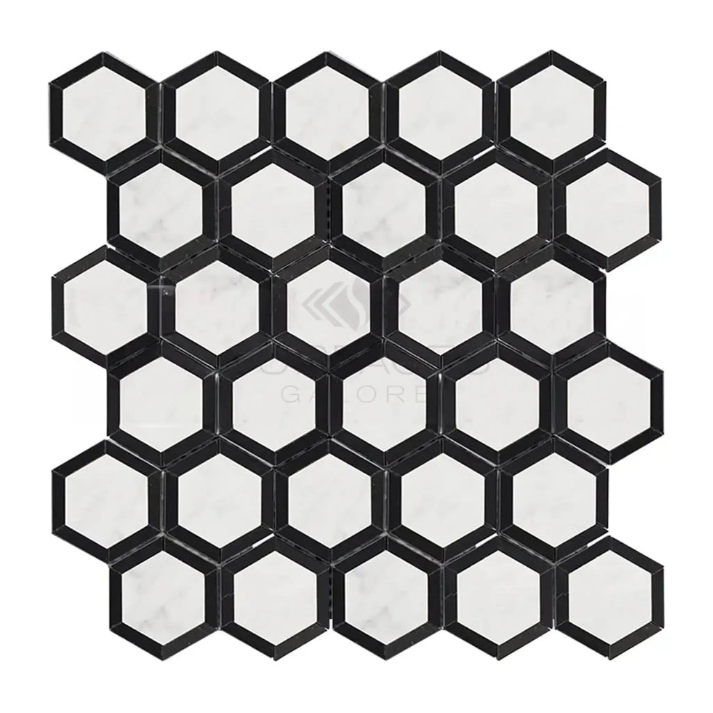 Hexagonal black and white mosaic tiles in Oriental White Asian Statuary Vortex design