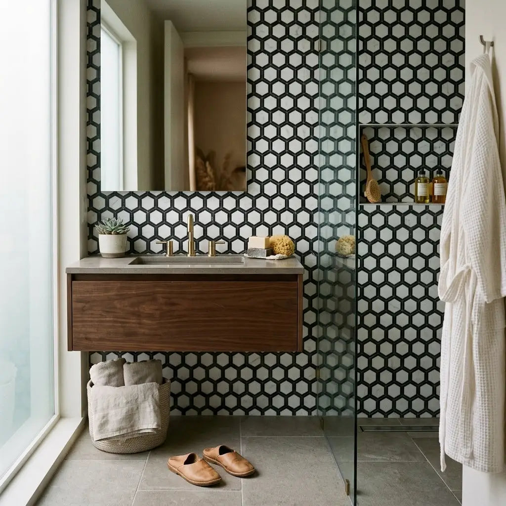 Modern floating wooden vanity with sleek concrete countertop and gold-toned faucet featuring oriental white asian statuary vortex 2 inch hexagon tile with black marble mosaic polished finish