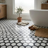 Oriental white asian statuary vortex 2 inch hexagon floor tiles with black marble mosaic and black grout lines polished or honed