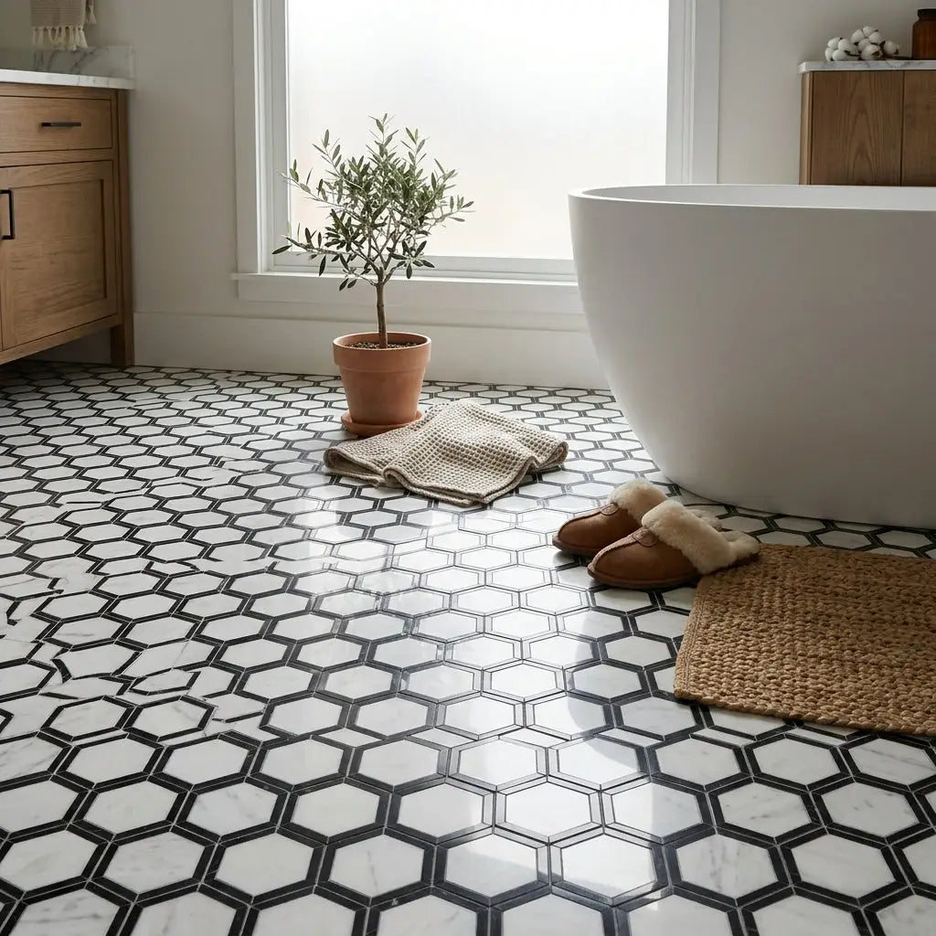 Oriental white asian statuary vortex 2 inch hexagon floor tiles with black marble mosaic and black grout lines polished or honed