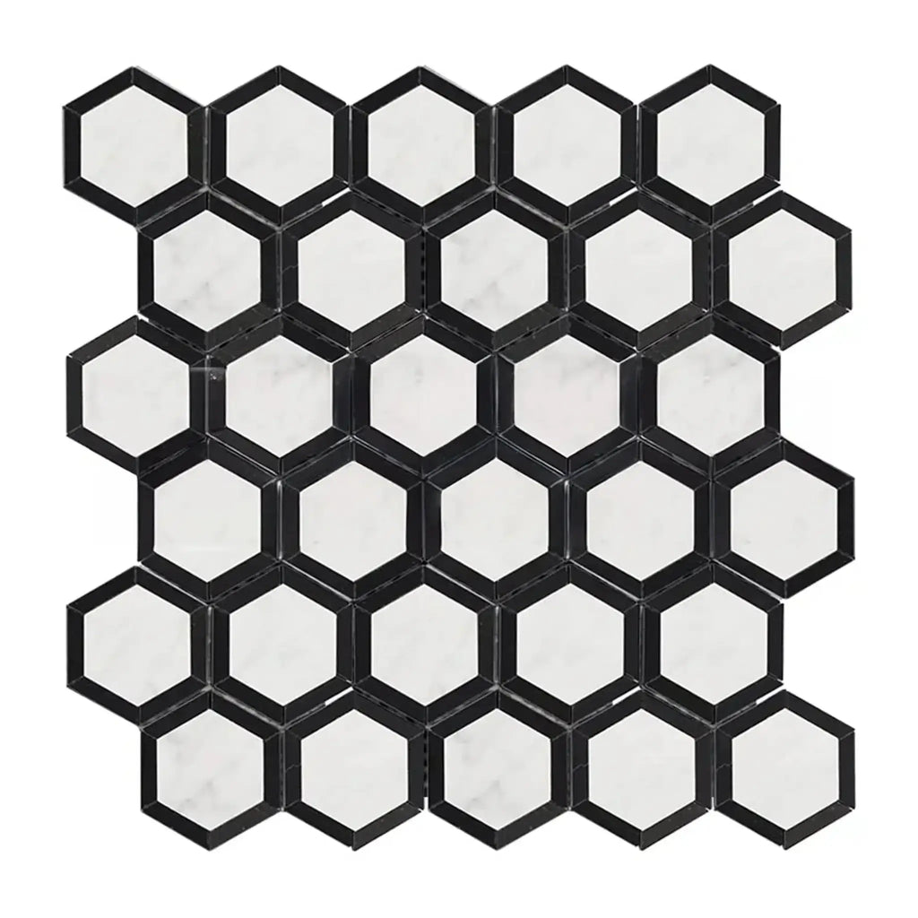 Hexagonal white and black mosaic tiles from Oriental White Asian Statuary Vortex collection