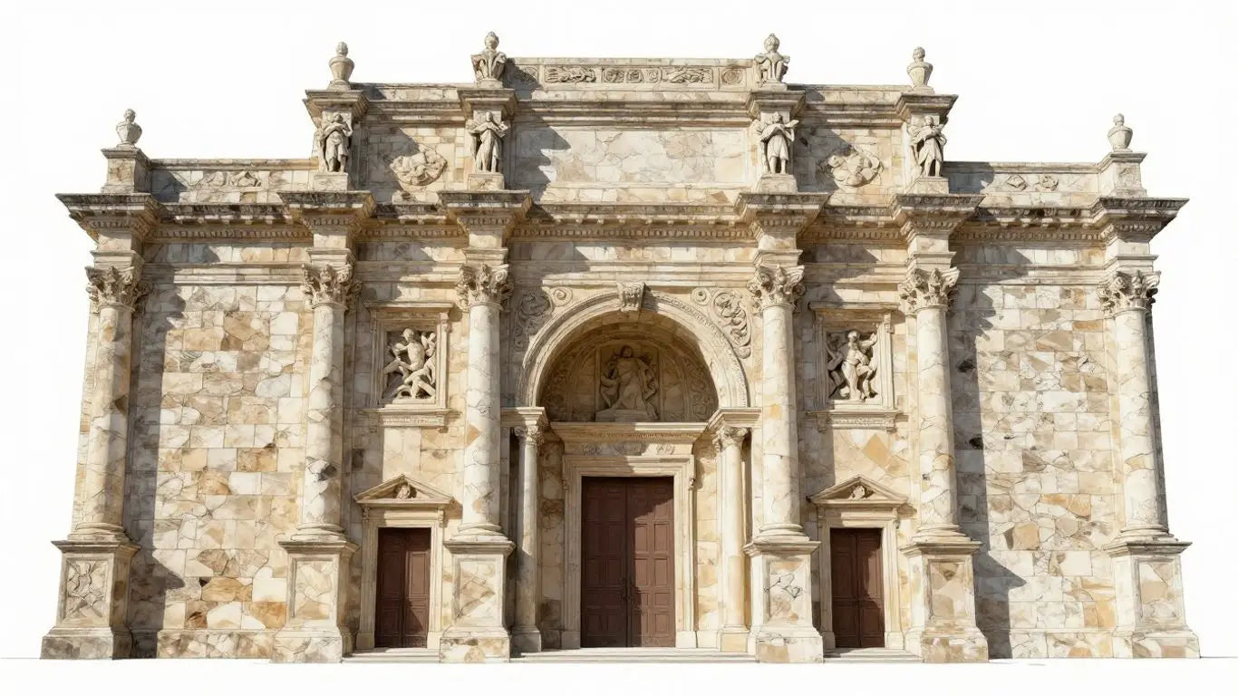 Sketch of a historic building facade made of limestone.