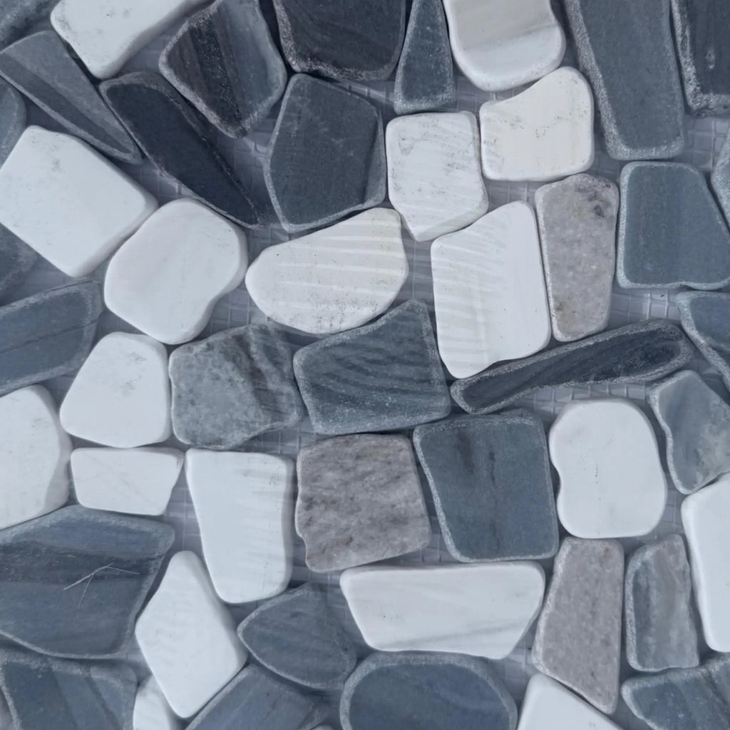 Pebble mosaic tile featured in Dolomite Bardiglio and Palissandro Tumbled Stone Mosaic Sheet