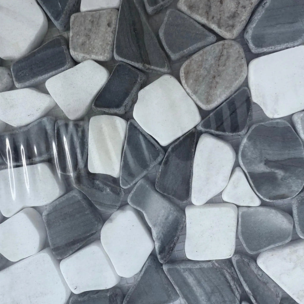 Gray and white pebble mosaic tile from Dolomite Bardiglio and Palissandro Tumbled Stone Sheet