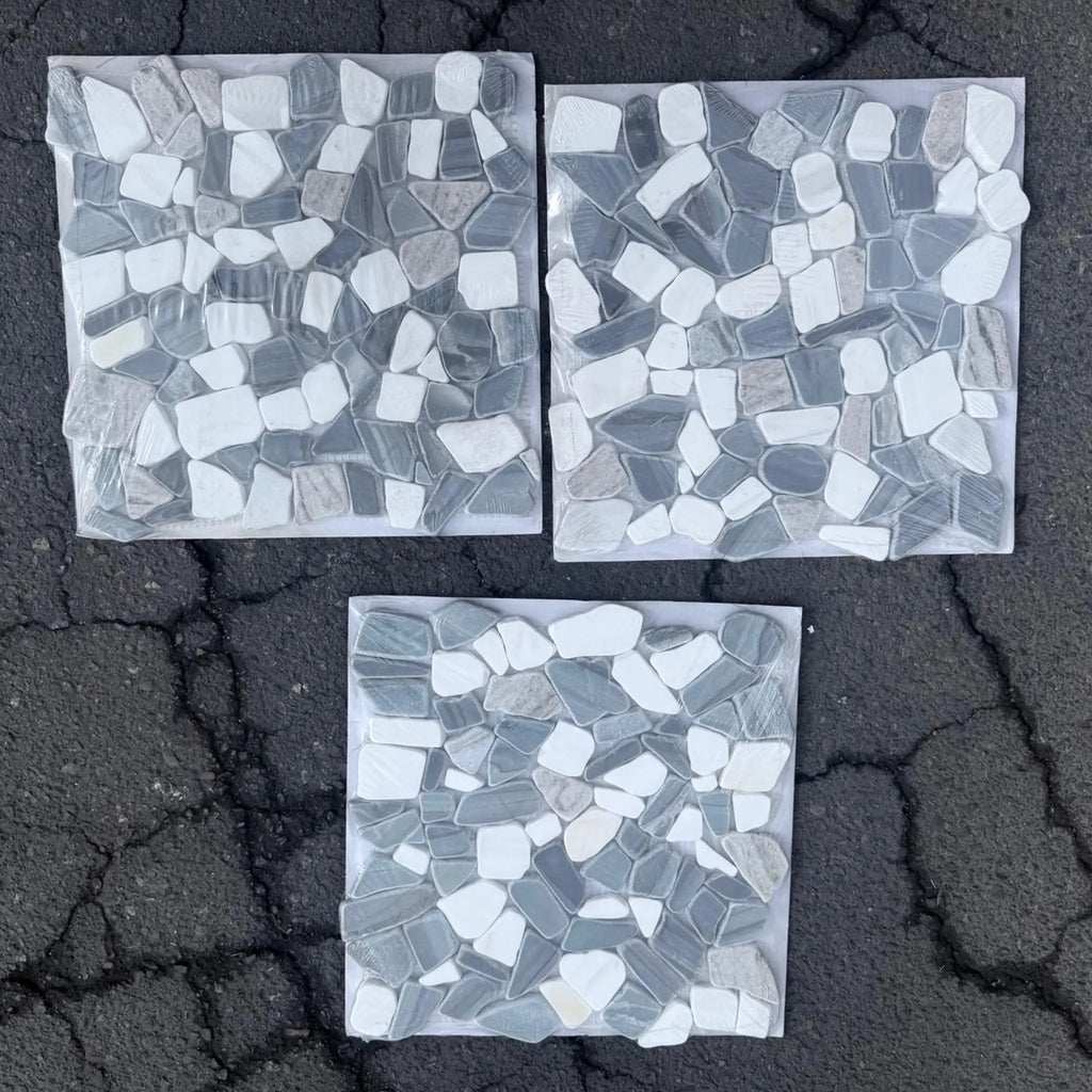 Three square mosaic tile sheets in Pebble Mosaic Dolomite Bardiglio and Palissandro tones