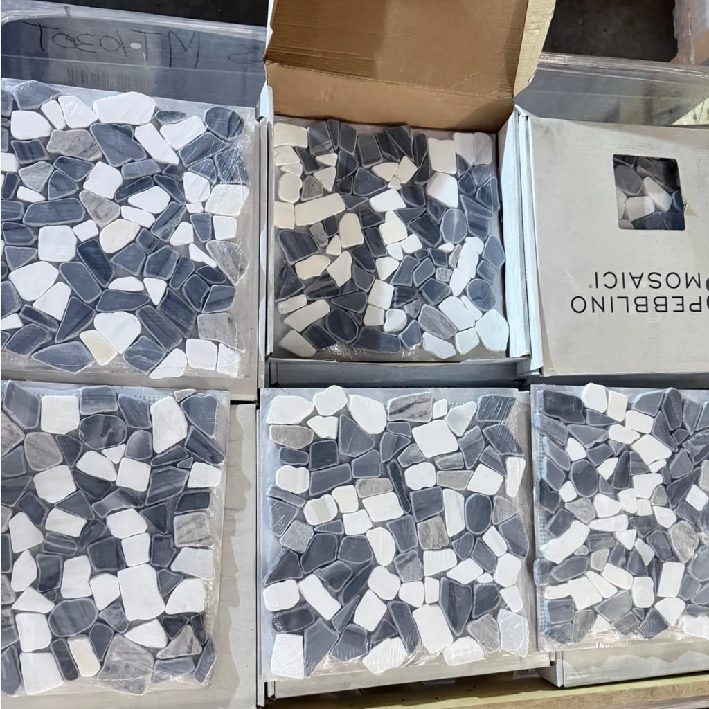Pebble mosaic tiles featuring Dolomite Bardiglio and Palissandro Tumbled Stone Mosaic Sheet