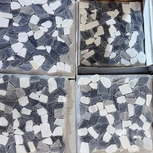 Four square mosaic tile sheets featuring Dolomite Bardiglio and Palissandro Tumbled Stone