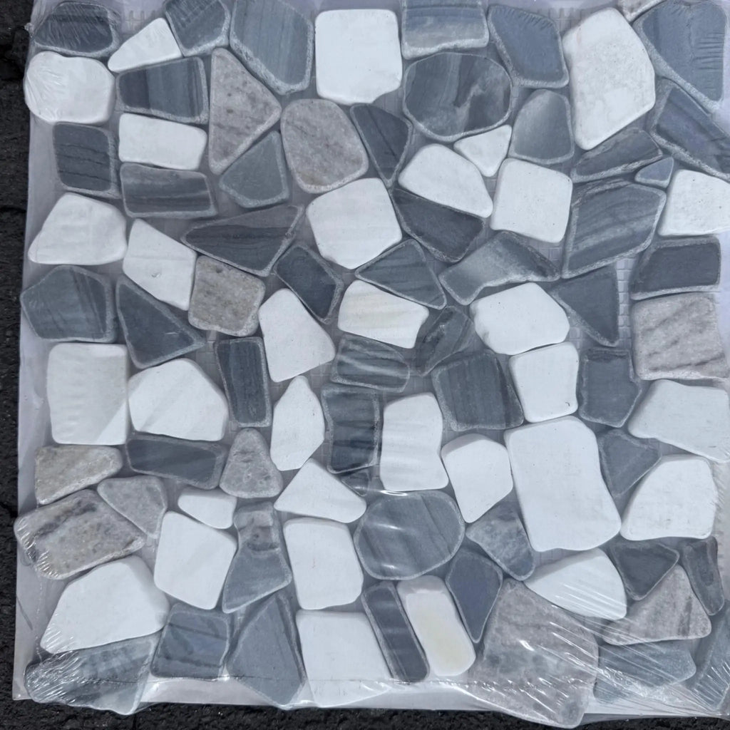 Mosaic tile sheet featuring gray and white stones from Pebble Mosaic Dolomite Bardiglio Palissandro
