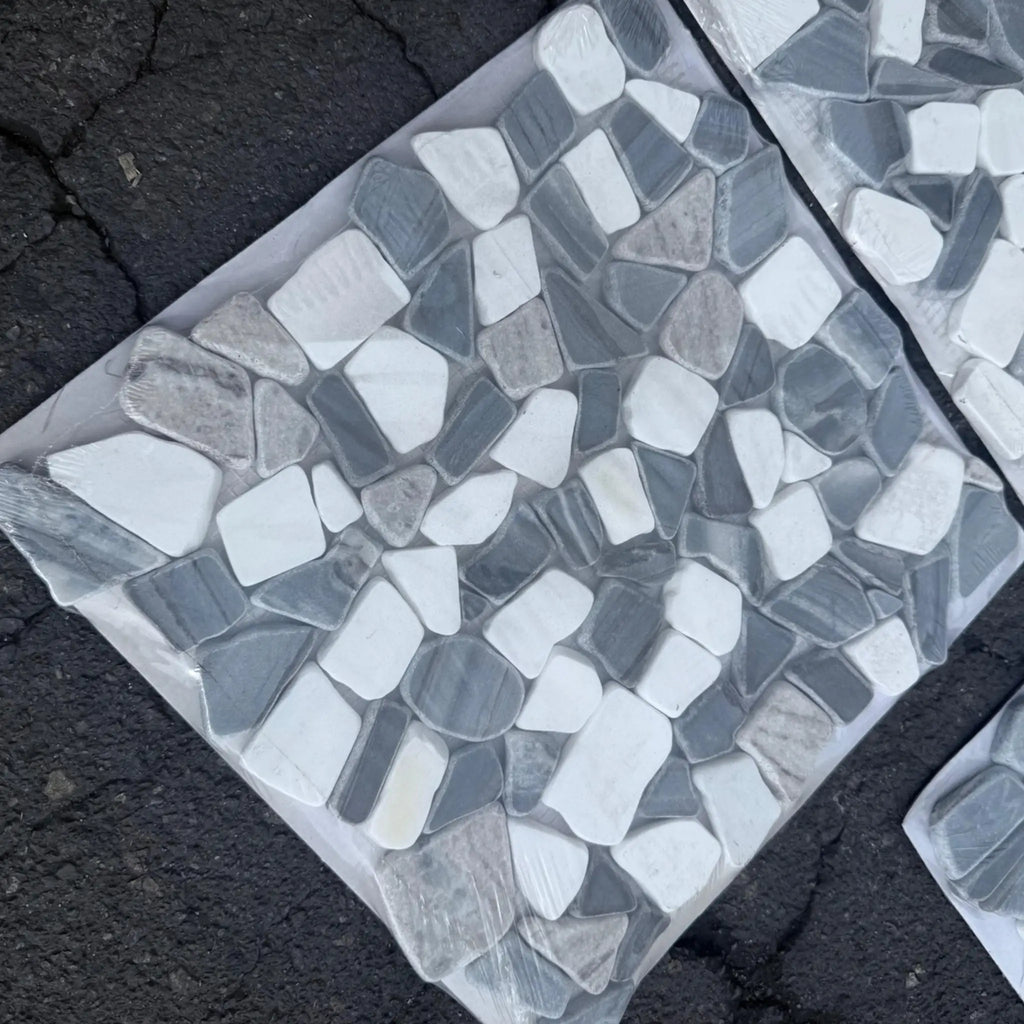 Pebble Mosaic sheet featuring Dolomite Bardiglio and Palissandro tumbled stone tiles