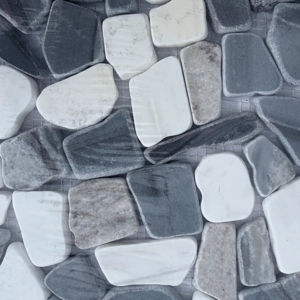 Gray, white, and beige stone mosaic sheet for elegant interior and exterior applications