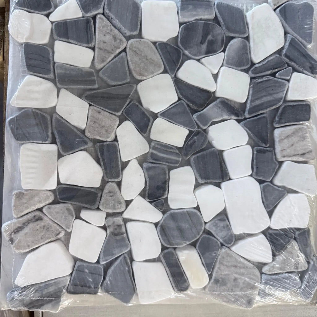 Pebble Mosaic sheet featuring Dolomite Bardiglio and Palissandro tumbled stone tiles