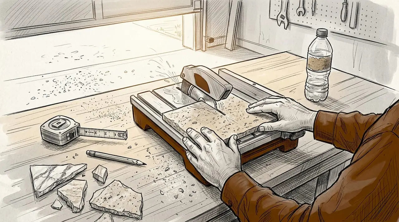 Hands cutting stone tile in home workshop