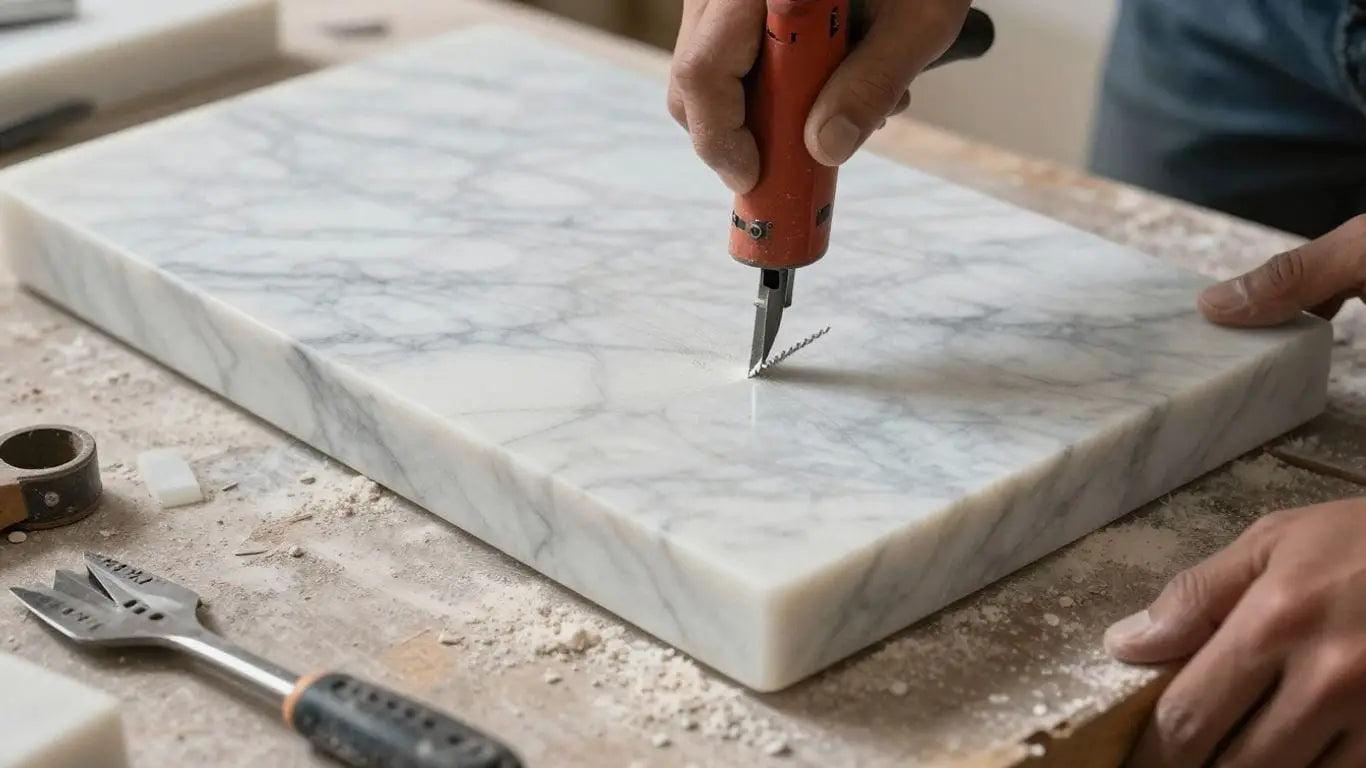 Marble slab being cut with a diamond saw.
