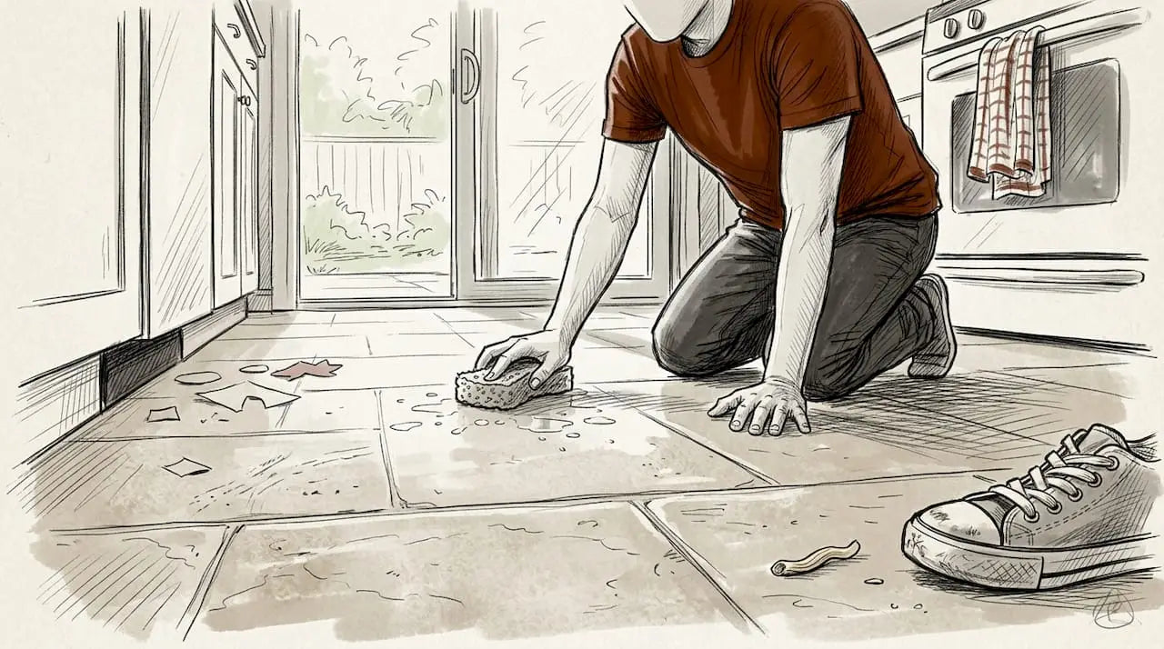 Homeowner cleaning ceramic tile kitchen floor