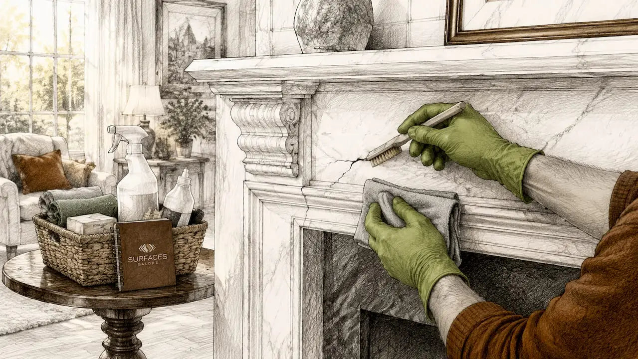 Hands cleaning marble crack with brush and cloth