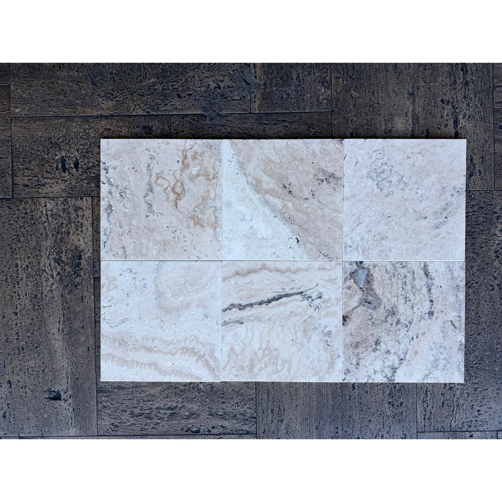 Philadelphia Travertine 12x12 tumbled beige gray marble tiles in grid