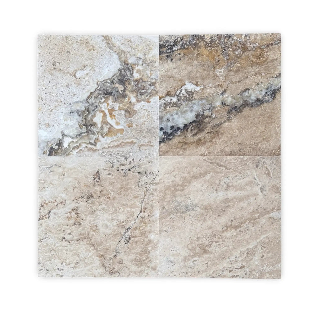 Four-piece travertine tile sample of Philadelphia Travertine 18X18 Filled and Honed