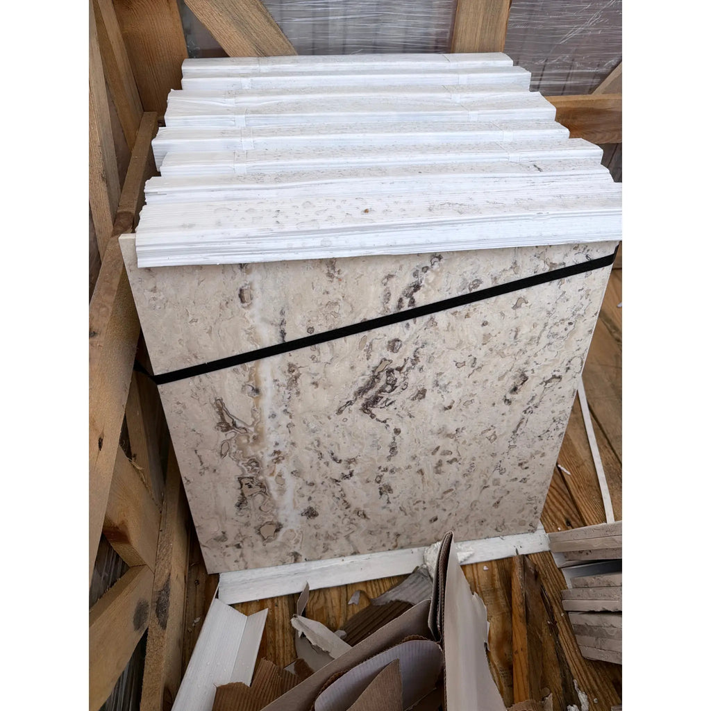 Philadelphia Travertine 18x18 filled honed beige marble tiles with gray veining, strapped stack