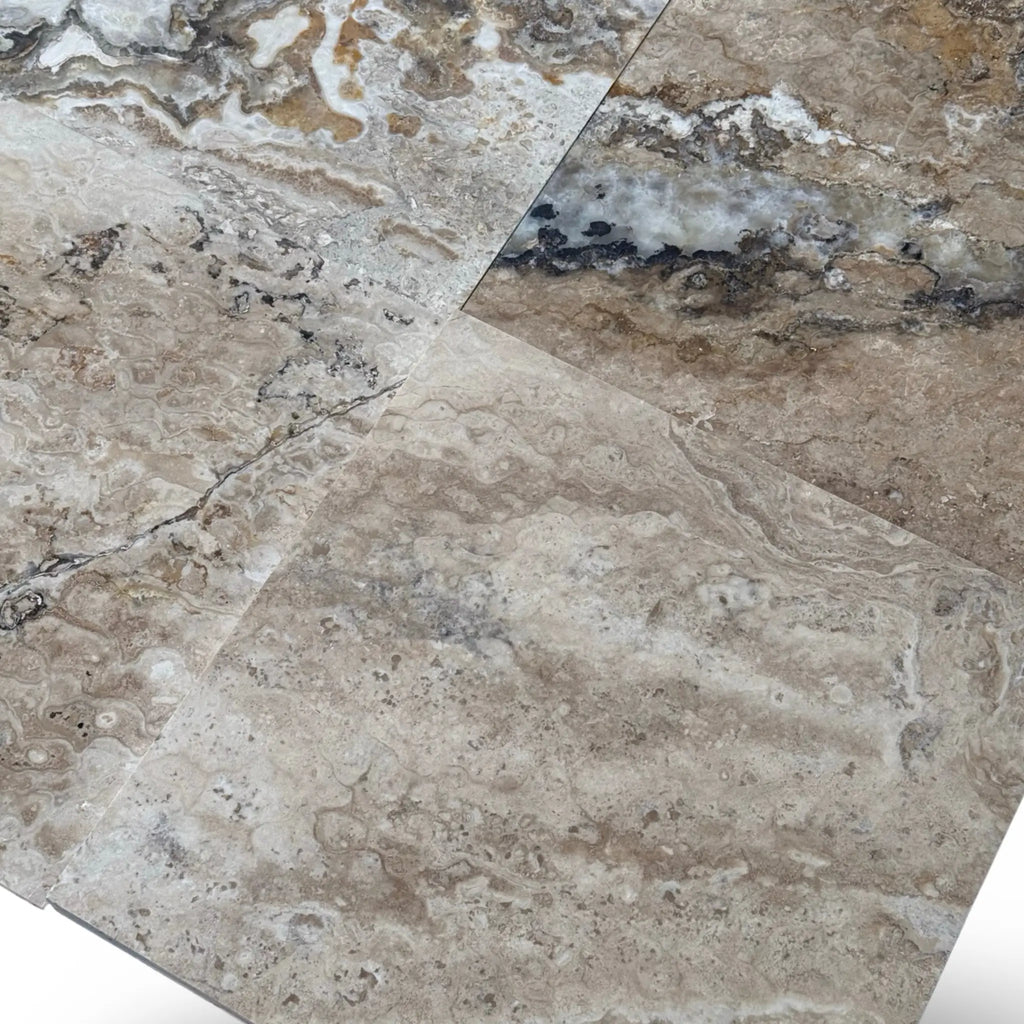 Philadelphia Travertine 18X18 Filled and Honed stone tiles showcasing natural texture