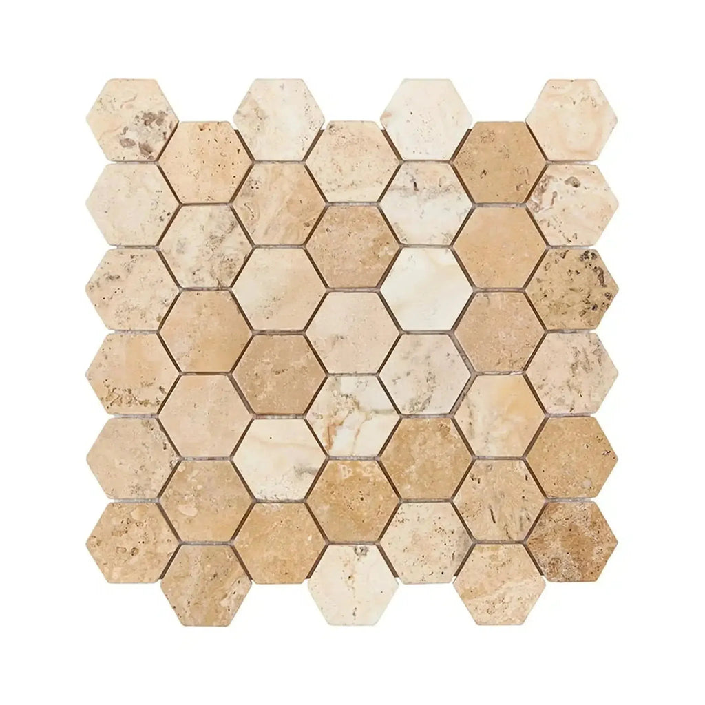 Beige hexagon mosaic tile sheet of Philadelphia Travertine 2 inch Tumbled tiles