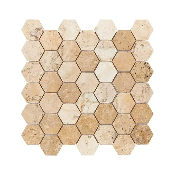 Beige hexagon mosaic tile sheet of Philadelphia Travertine 2 inch Tumbled tiles