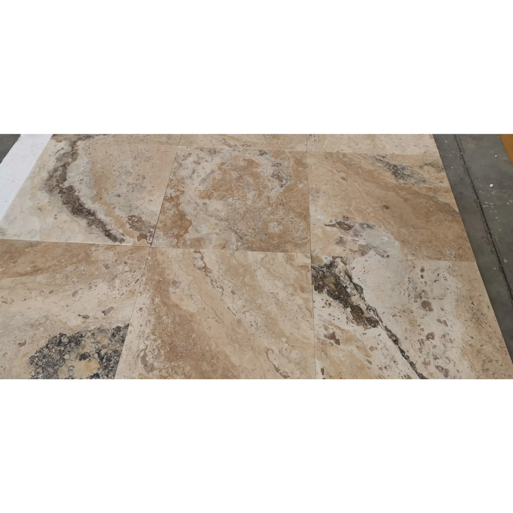 Philadelphia Travertine 24x24 filled honed beige brown veined tiles