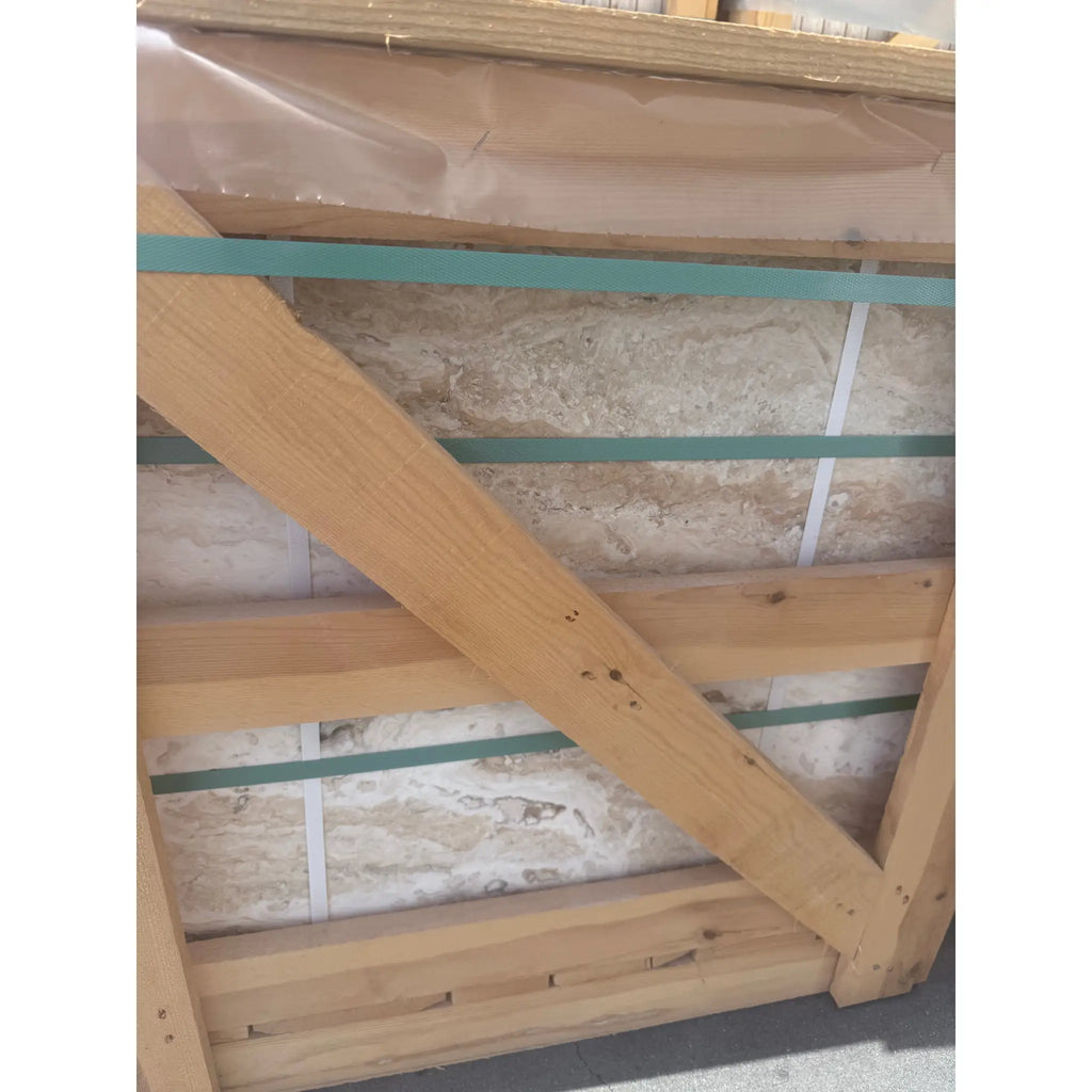 Wooden-framed Philadelphia Travertine 24x24 filled and honed stone slabs