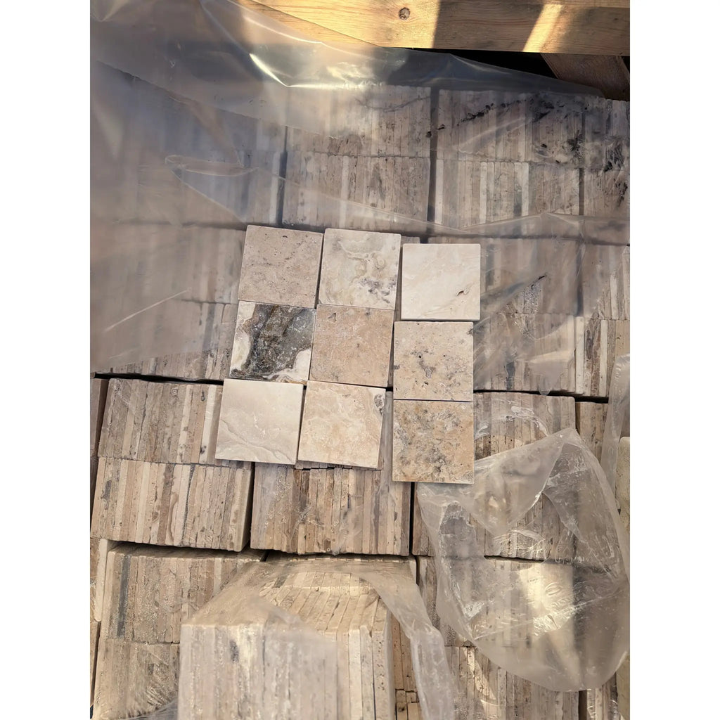 Philadelphia Travertine 6x6 tumbled tile coaster set in beige tones