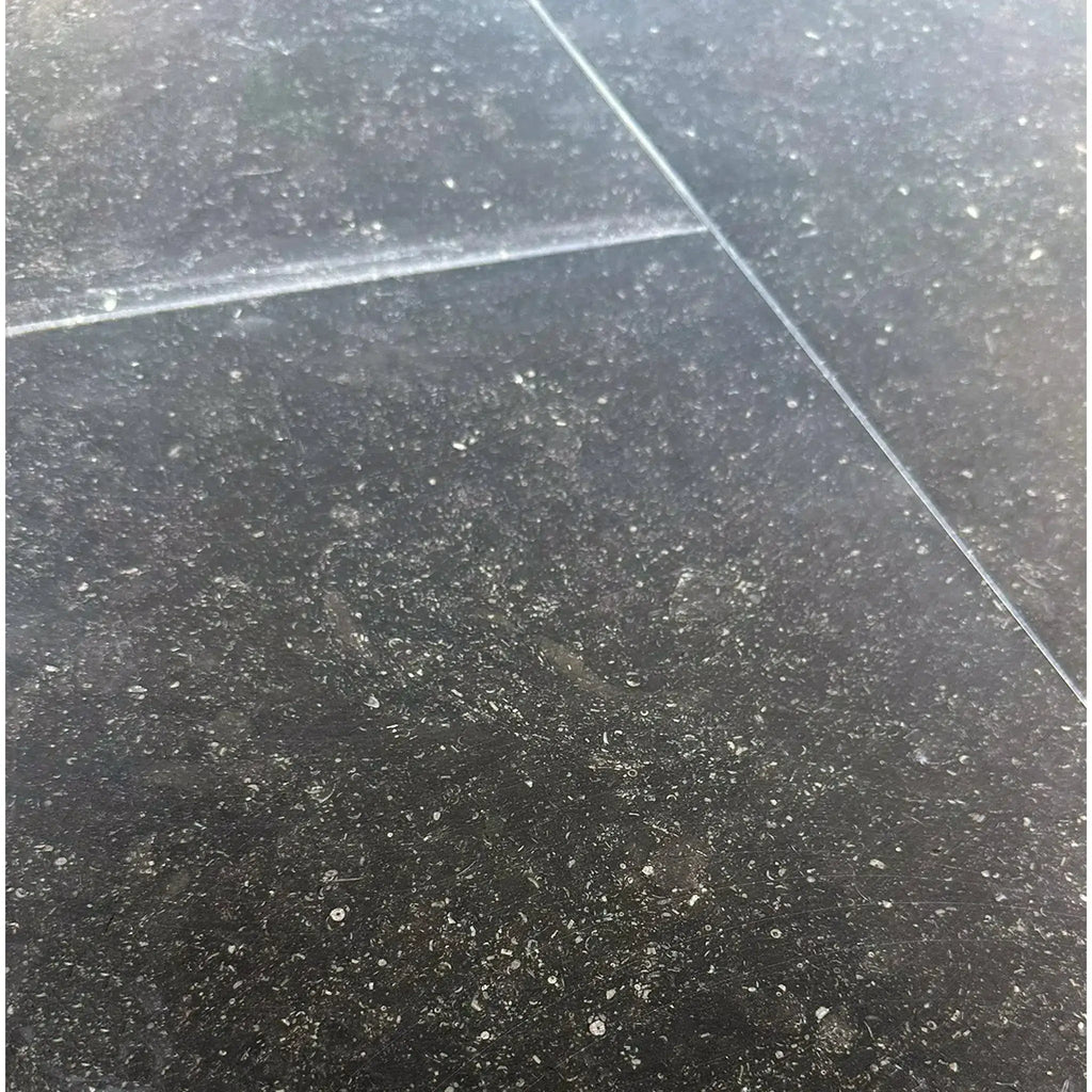 Black speckled floor tiles in Pierre Bleue 12X24 Brushed Marble design